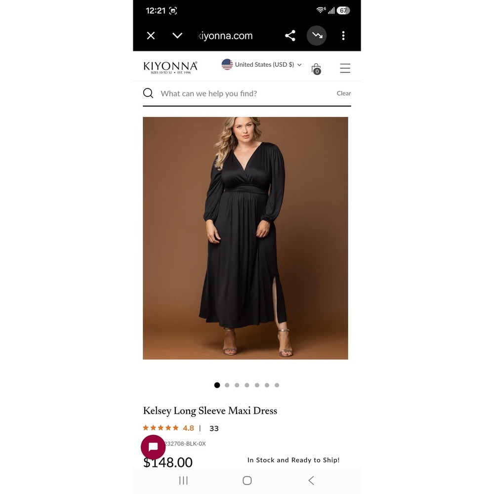 Kiyonna Kelsey Long Sleeve Maxi Dress Black Plus Size 4X V-Neck Empire Waist NEW